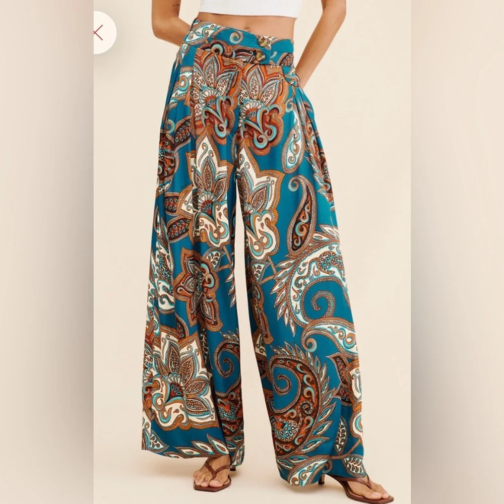 FARM Rio Teal & Brown Paisley Wide-Leg Palazzo Pants - Picture 2 of 13